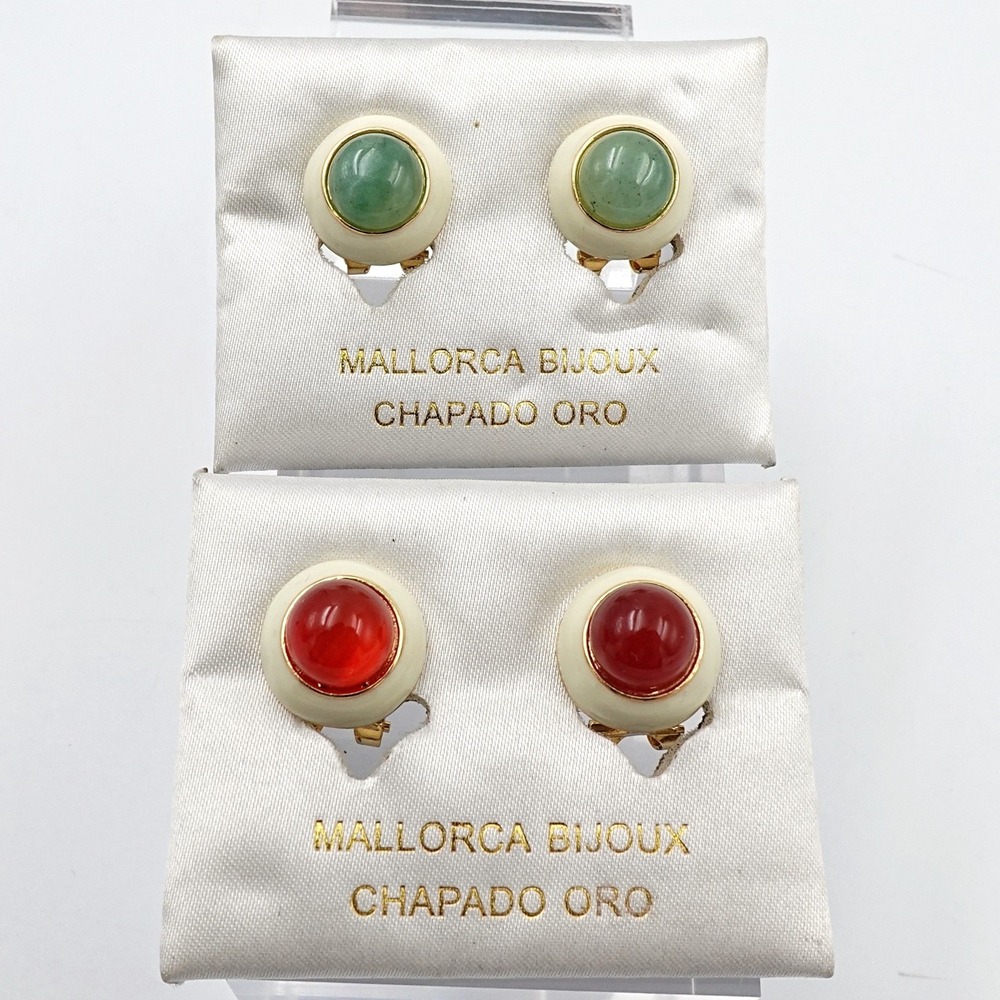 Vintage Mallorca Bijoux High Dome Cabochon Earrings Gold Plated 2 Pair Lot Spain